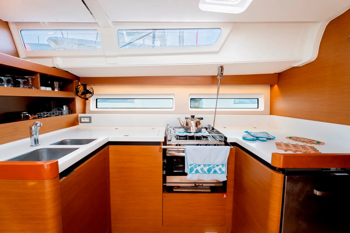 Galley of Vitamin Sea, a Jeanneau Sun Odyssey 490 sailboat at Municipal Unit of Rhodes, Greece