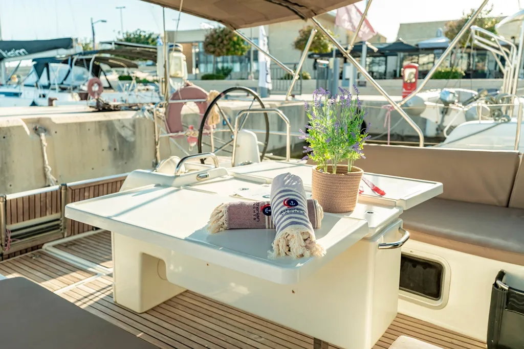 Deck of Vitamin Sea, a Jeanneau Sun Odyssey 490 sailboat at Municipal Unit of Rhodes, Greece