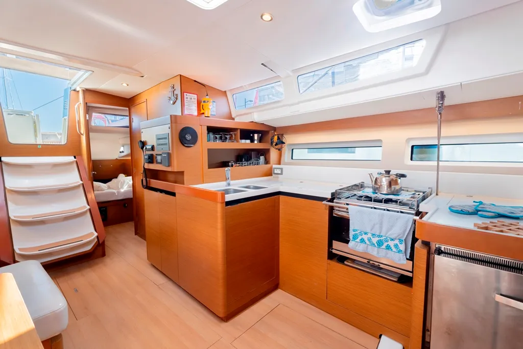Galley of Vitamin Sea, a Jeanneau Sun Odyssey 490 sailboat at Municipal Unit of Rhodes, Greece