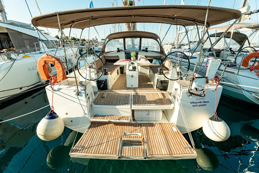 Exterior view of Vitamin Sea, a Jeanneau Sun Odyssey 490 sailboat at Municipal Unit of Rhodes, Greece