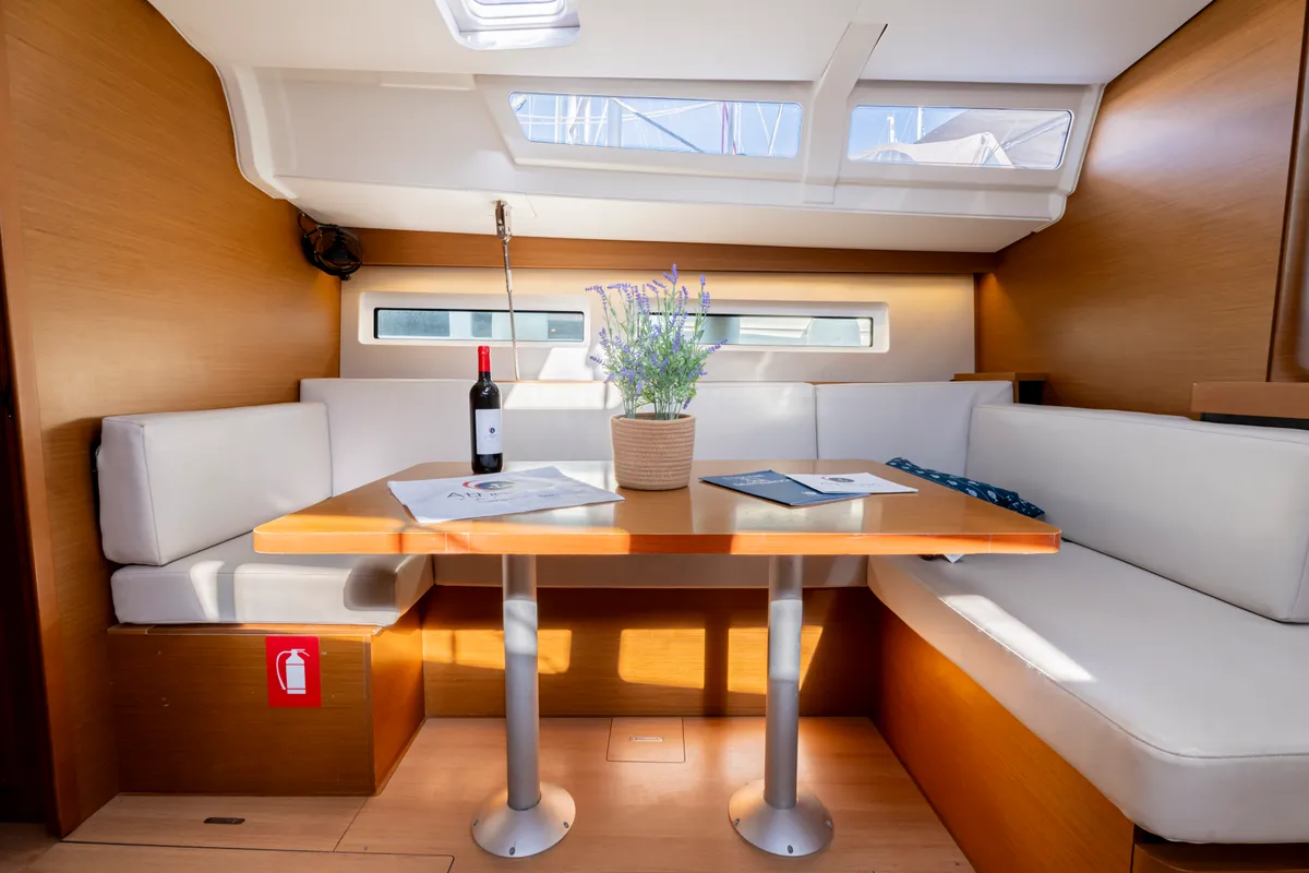 Salon of Vitamin Sea, a Jeanneau Sun Odyssey 490 sailboat at Municipal Unit of Rhodes, Greece
