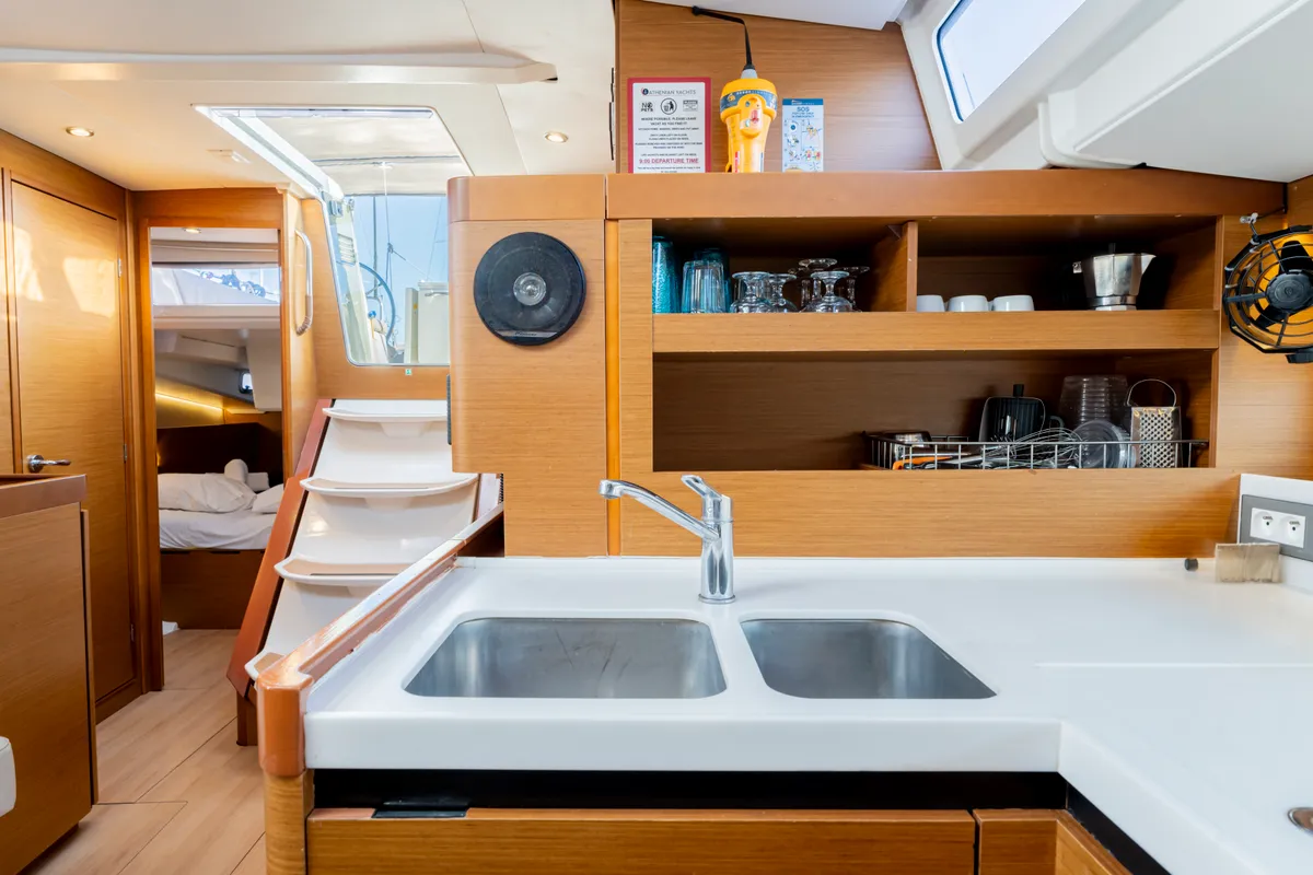 Galley of Vitamin Sea, a Jeanneau Sun Odyssey 490 sailboat at Municipal Unit of Rhodes, Greece