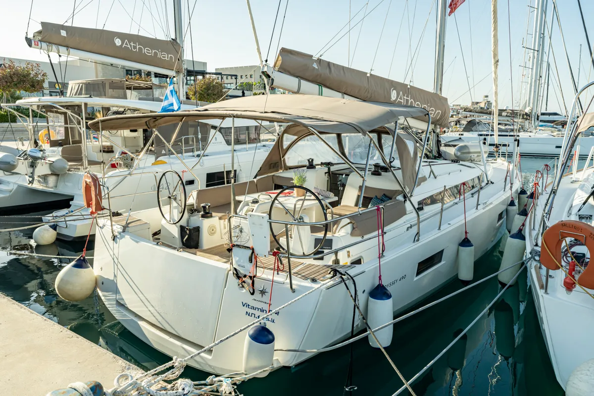 Exterior view of Vitamin Sea, a Jeanneau Sun Odyssey 490 sailboat at Municipal Unit of Rhodes, Greece