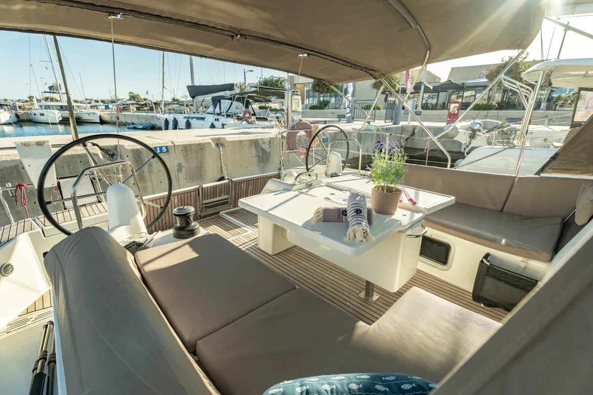 Deck of Vitamin Sea, a Jeanneau Sun Odyssey 490 sailboat at Municipal Unit of Rhodes, Greece