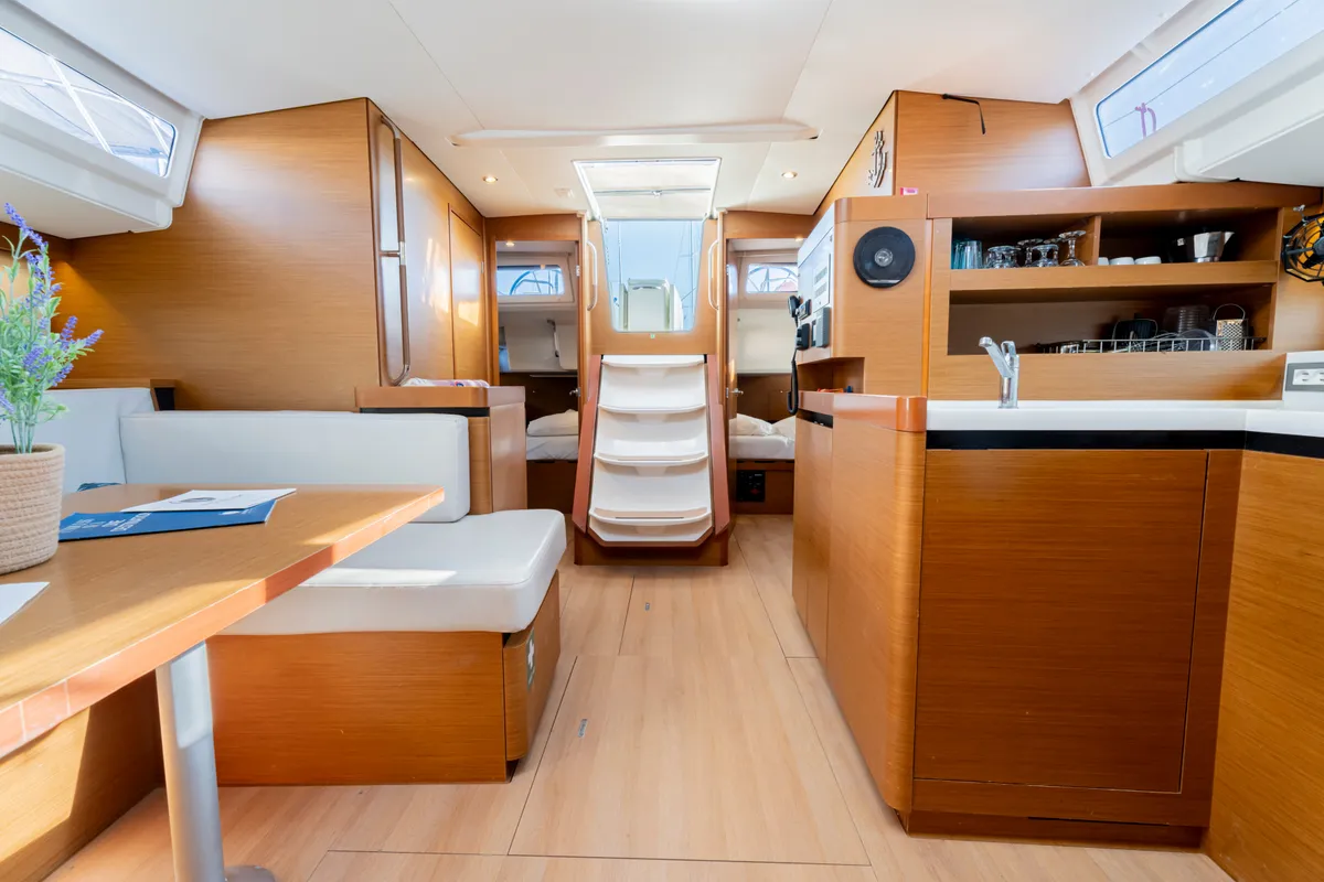 Salon of Vitamin Sea, a Jeanneau Sun Odyssey 490 sailboat at Municipal Unit of Rhodes, Greece