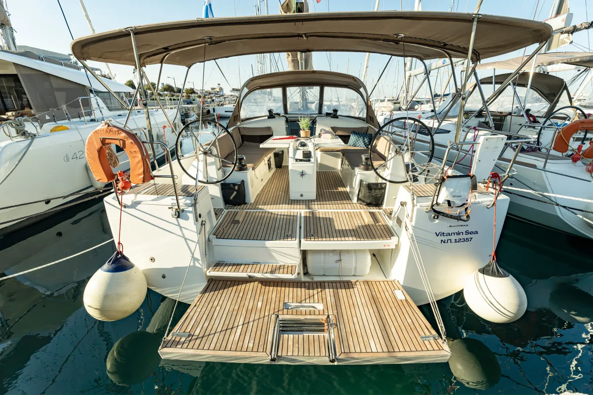 Exterior view of Vitamin Sea, a Jeanneau Sun Odyssey 490 sailboat at Municipal Unit of Rhodes, Greece
