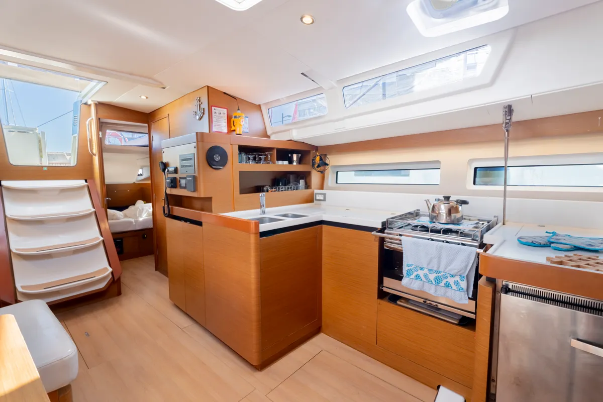 Galley of Vitamin Sea, a Jeanneau Sun Odyssey 490 sailboat at Municipal Unit of Rhodes, Greece