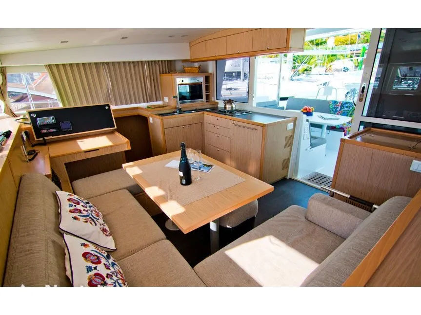 Salon of Opale 4, a Lagoon 400 S2 catamaran at Hyères, France