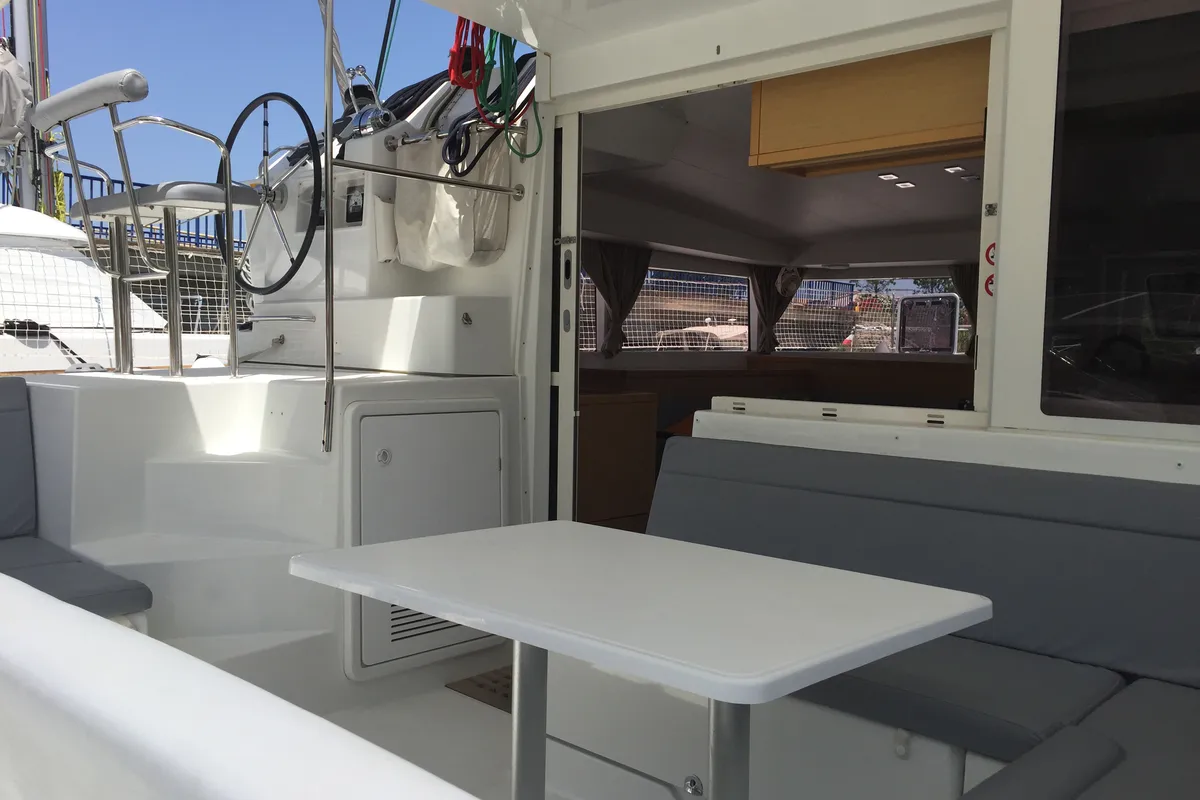 Deck of Opale 4, a Lagoon 400 S2 catamaran at Hyères, France