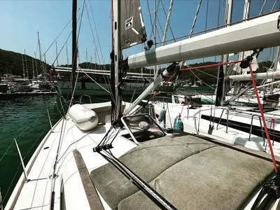 Deck of Steelbird I, a Jeanneau Sun Odyssey 39i sailboat at Fethiye, Turkey