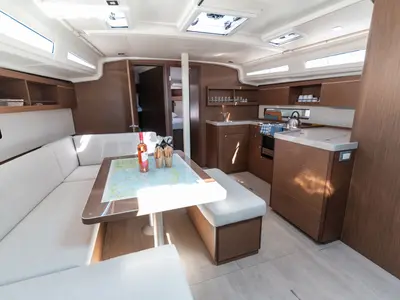 Salon of Little Spiros, a Beneteau Oceanis 40.1 sailboat at Kos, Greece
