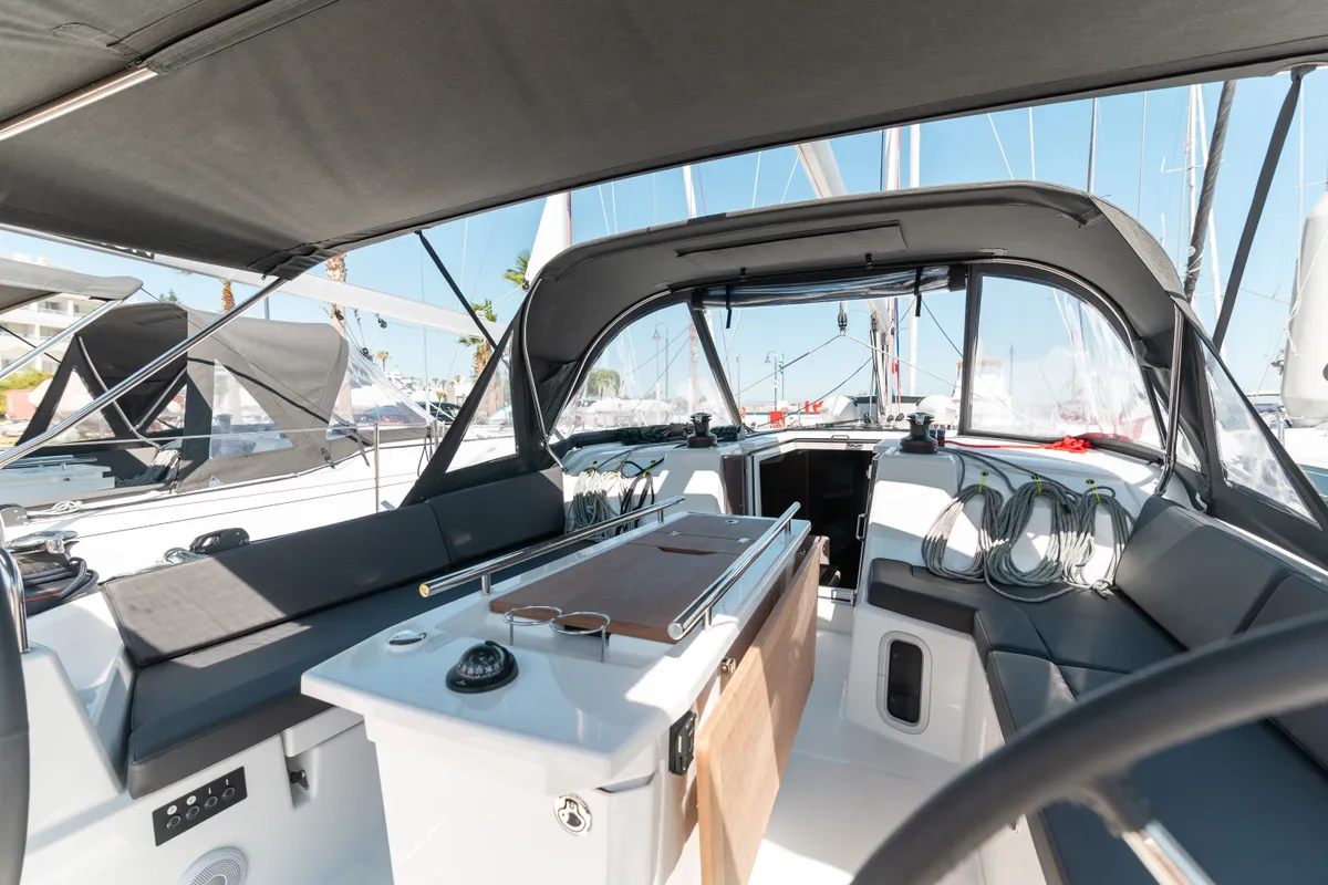 Cockpit of Little Spiros, a Beneteau Oceanis 40.1 sailboat at Kos, Greece