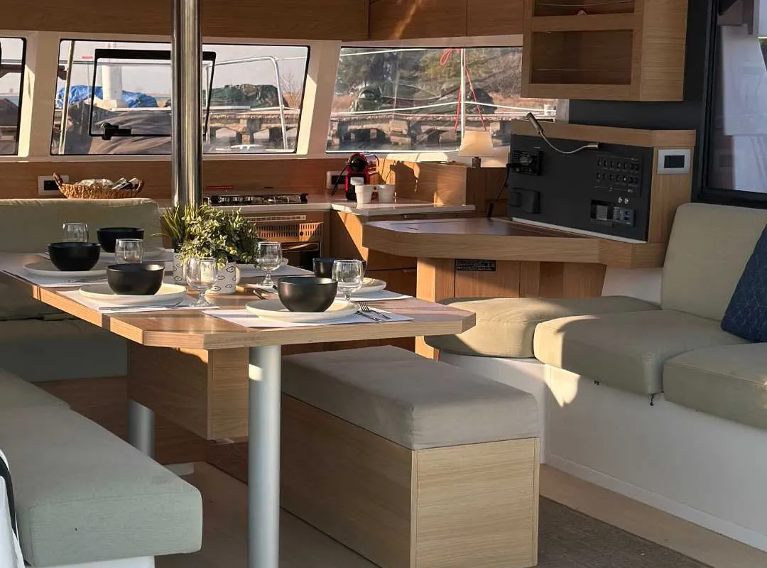 Salon of Northcat 38, a Bali Catsmart catamaran at Sipias Municipal Unit, Greece