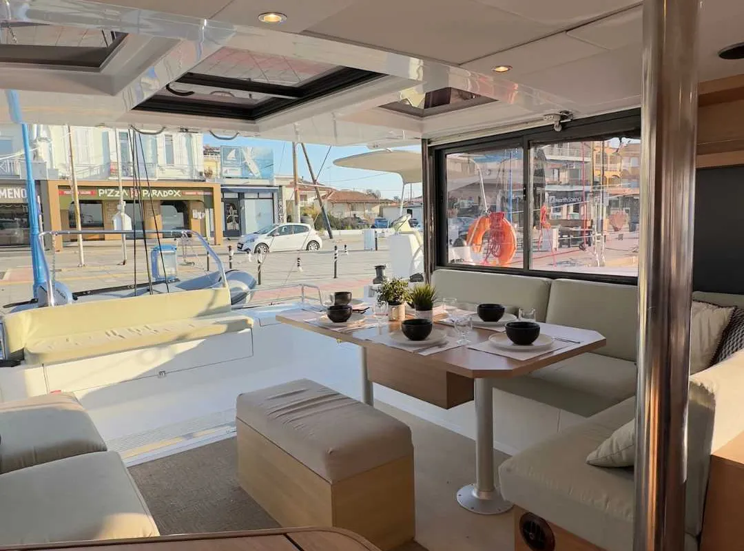 Salon of Northcat 38, a Bali Catsmart catamaran at Sipias Municipal Unit, Greece