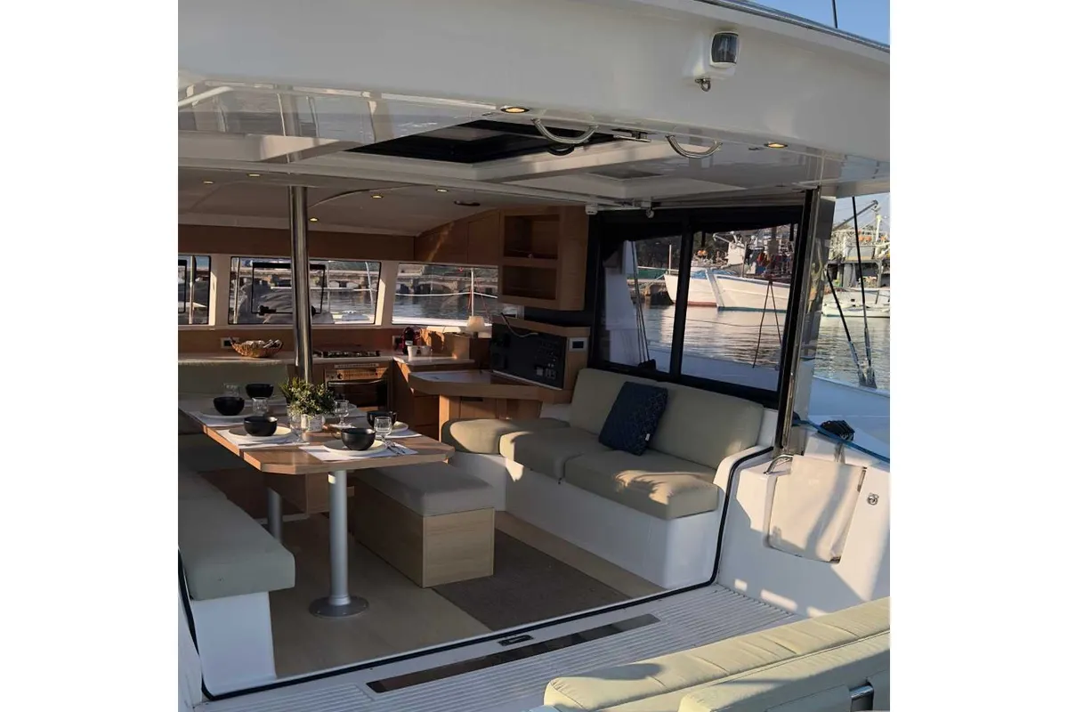 Deck of Northcat 38, a Bali Catsmart catamaran at Sipias Municipal Unit, Greece