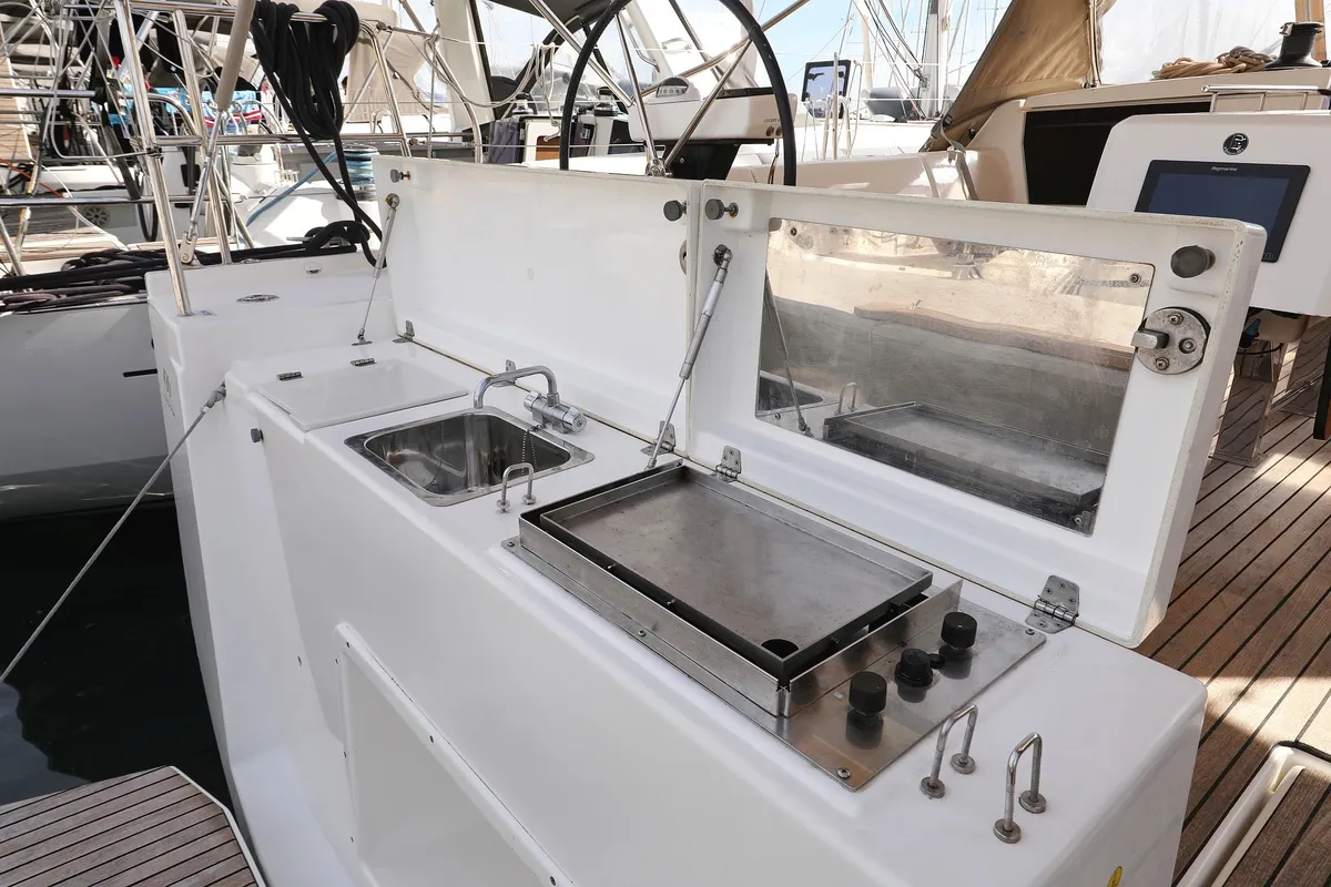 Deck of Adriatic Office, a Dufour 430 GL sailboat at Grad Trogir, Croatia