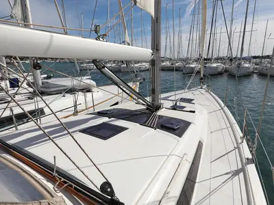 Deck of Adriatic Office, a Dufour 430 GL sailboat at Grad Trogir, Croatia