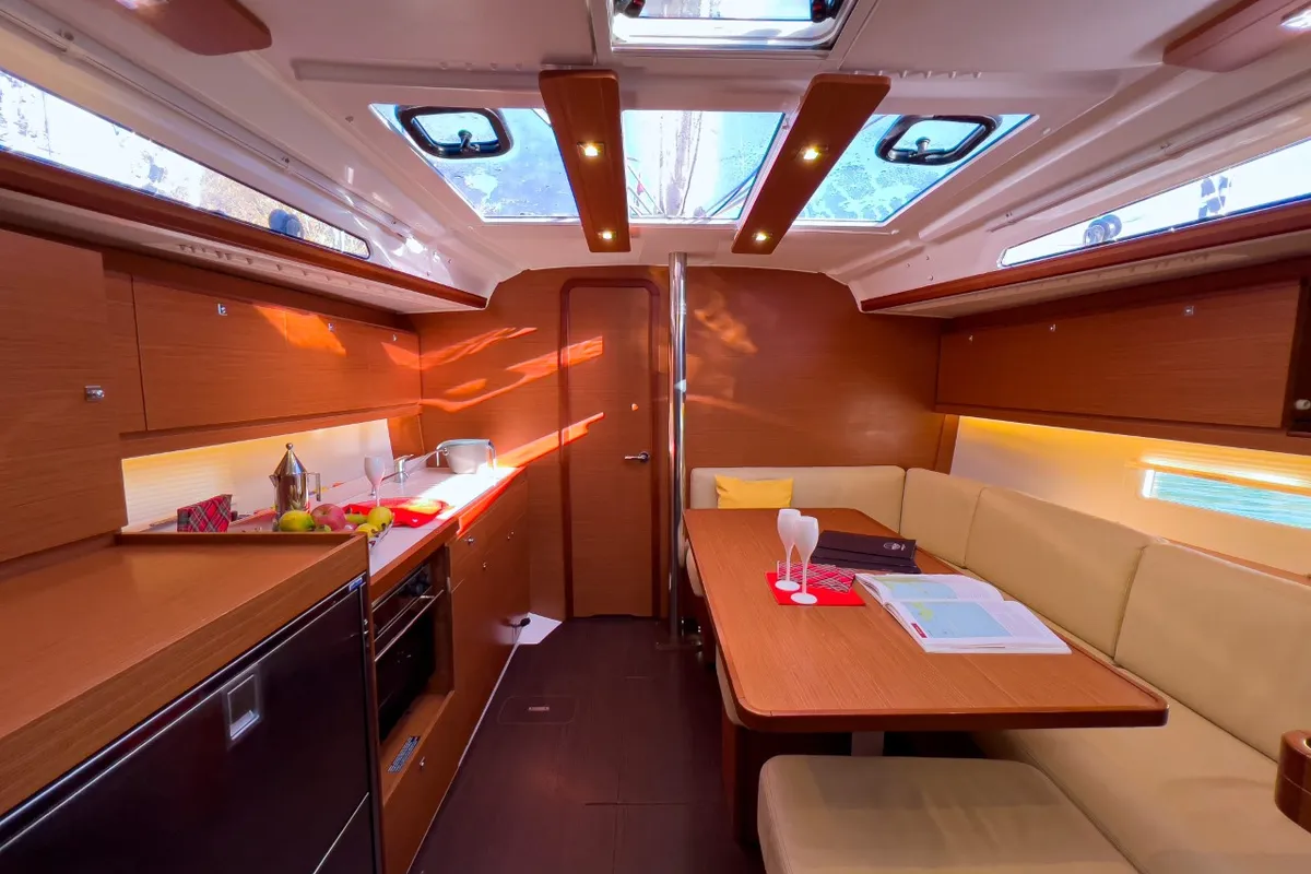 Salon of Cuir Noir, a Dufour 390 Grand Large sailboat at Bocca di Magra, Italy