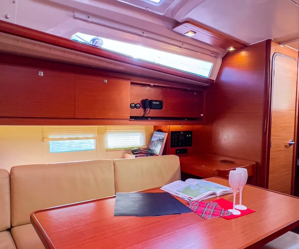 Salon of Cuir Noir, a Dufour 390 Grand Large sailboat at Bocca di Magra, Italy