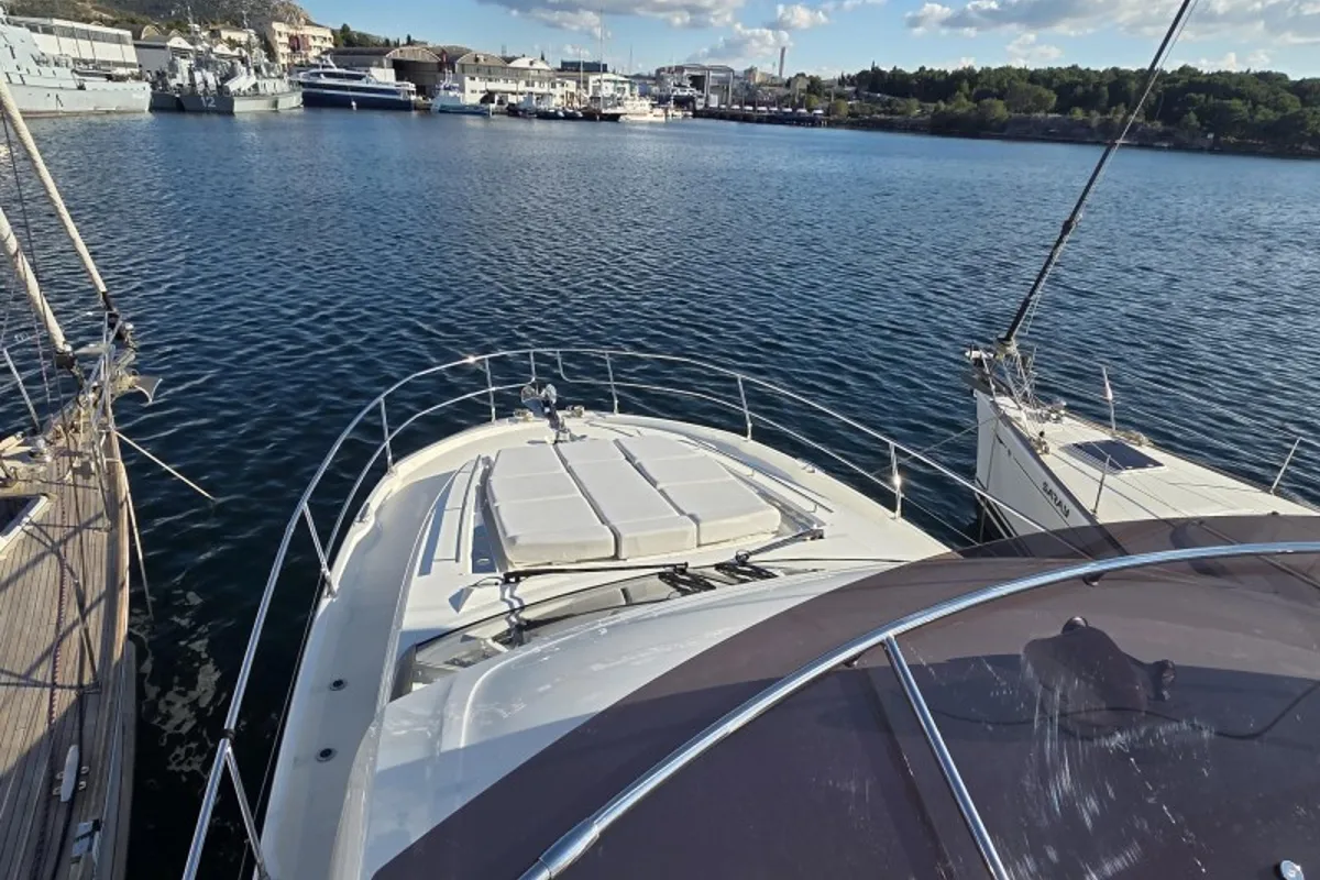 Deck of Sabijac, a Jeanneau Prestige 520 Flybridge motor yacht at Grad Šibenik, Croatia