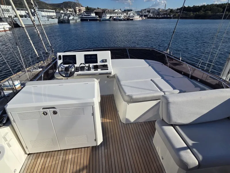 Deck of Sabijac, a Jeanneau Prestige 520 Flybridge motor yacht at Grad Šibenik, Croatia