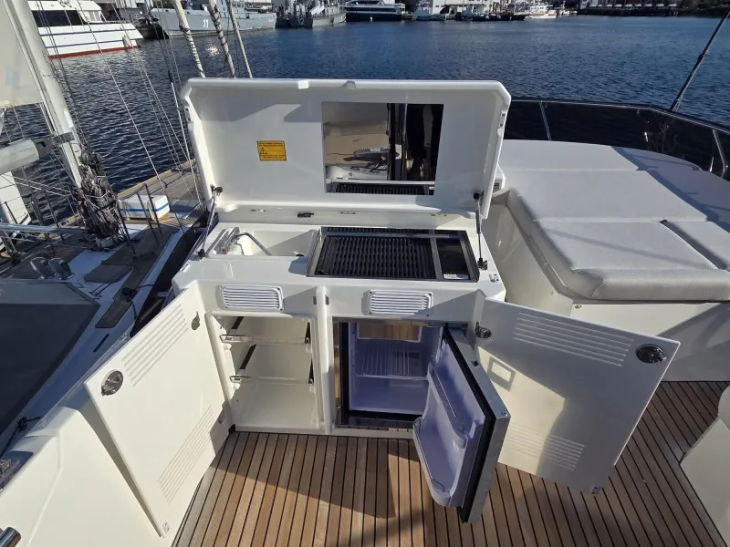 Deck of Sabijac, a Jeanneau Prestige 520 Flybridge motor yacht at Grad Šibenik, Croatia