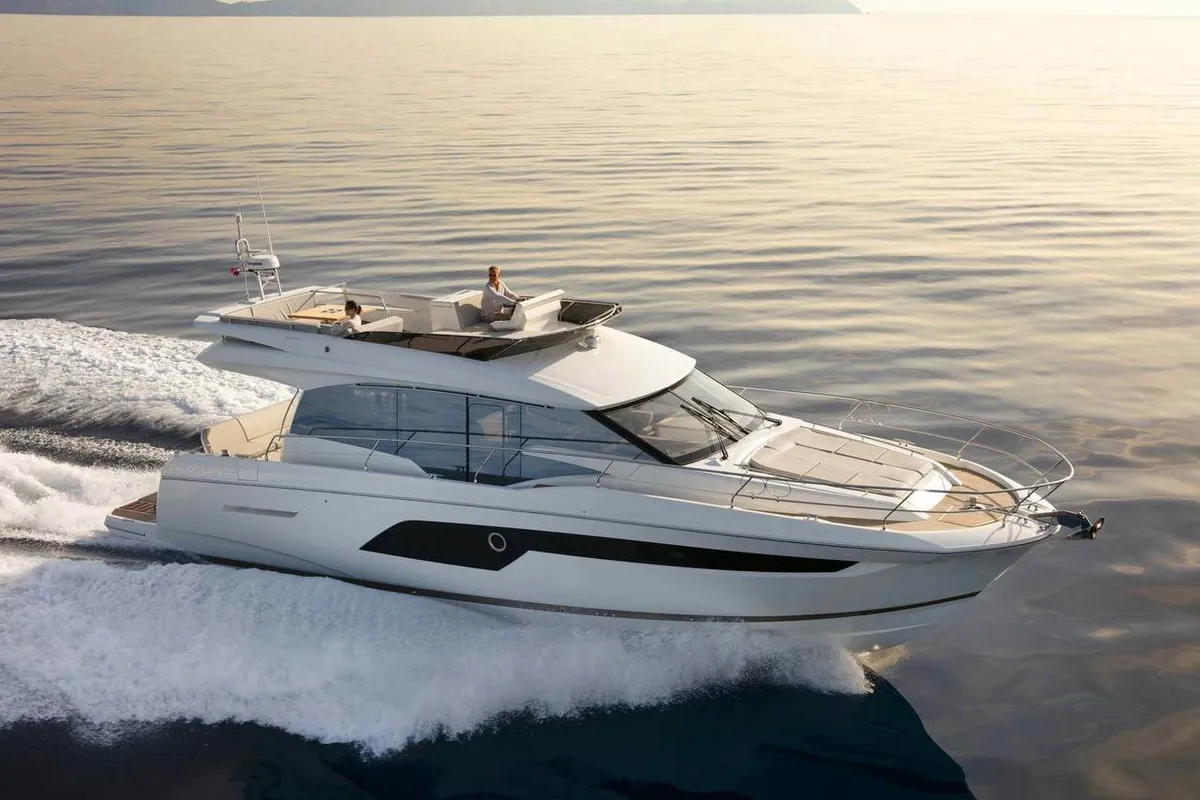 Exterior view of Sabijac, a Jeanneau Prestige 520 Flybridge motor yacht at Grad Šibenik, Croatia