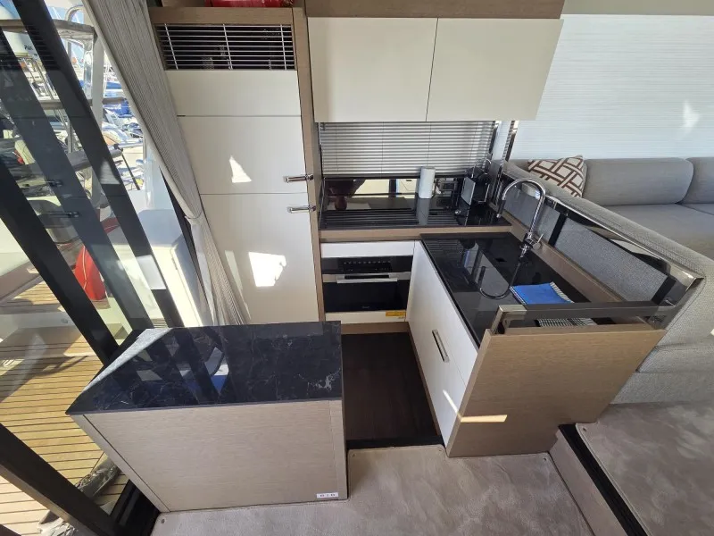 Galley of Sabijac, a Jeanneau Prestige 520 Flybridge motor yacht at Grad Šibenik, Croatia