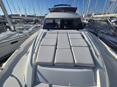 Deck of Sabijac, a Jeanneau Prestige 520 Flybridge motor yacht at Grad Šibenik, Croatia