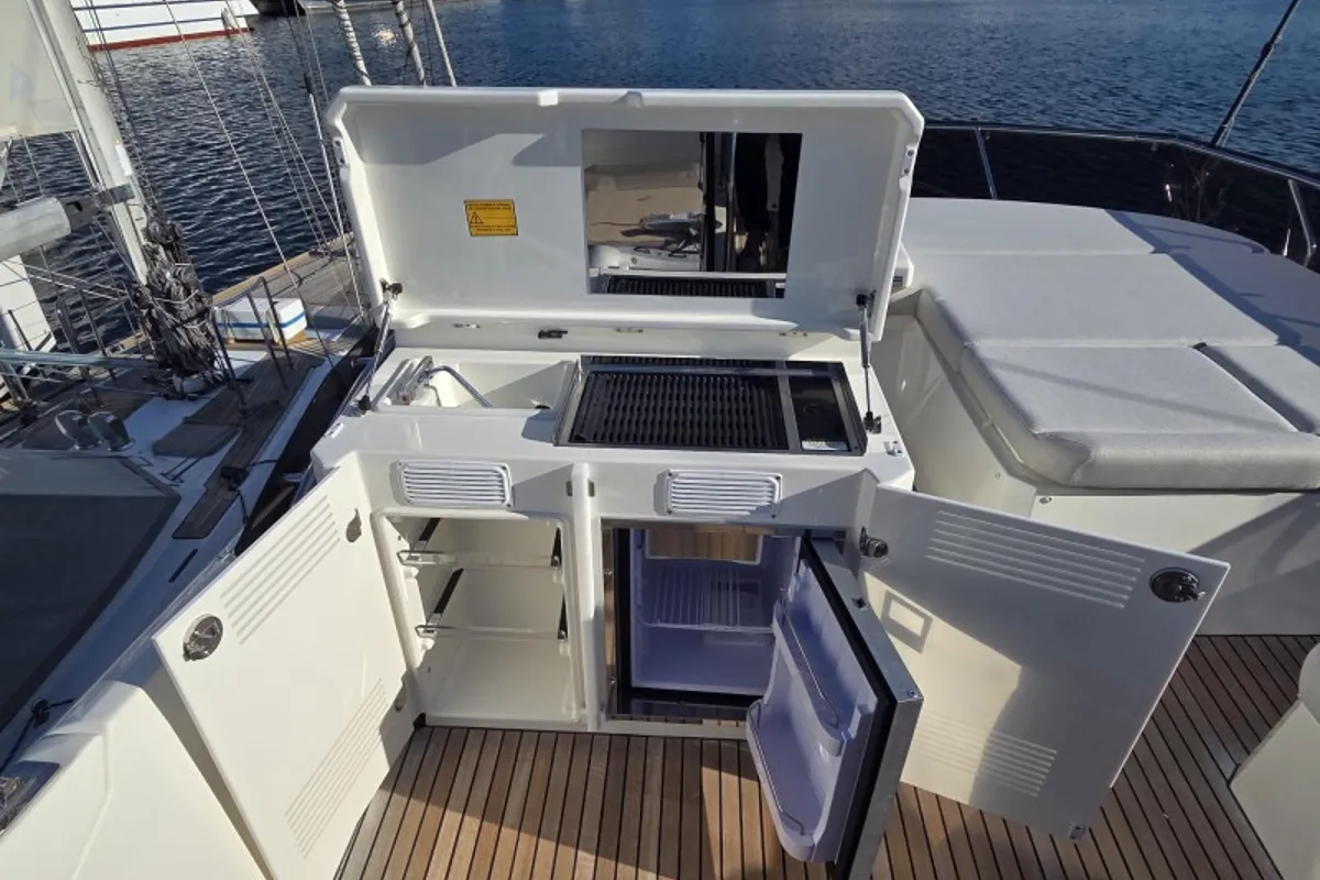 Deck of Sabijac, a Jeanneau Prestige 520 Flybridge motor yacht at Grad Šibenik, Croatia