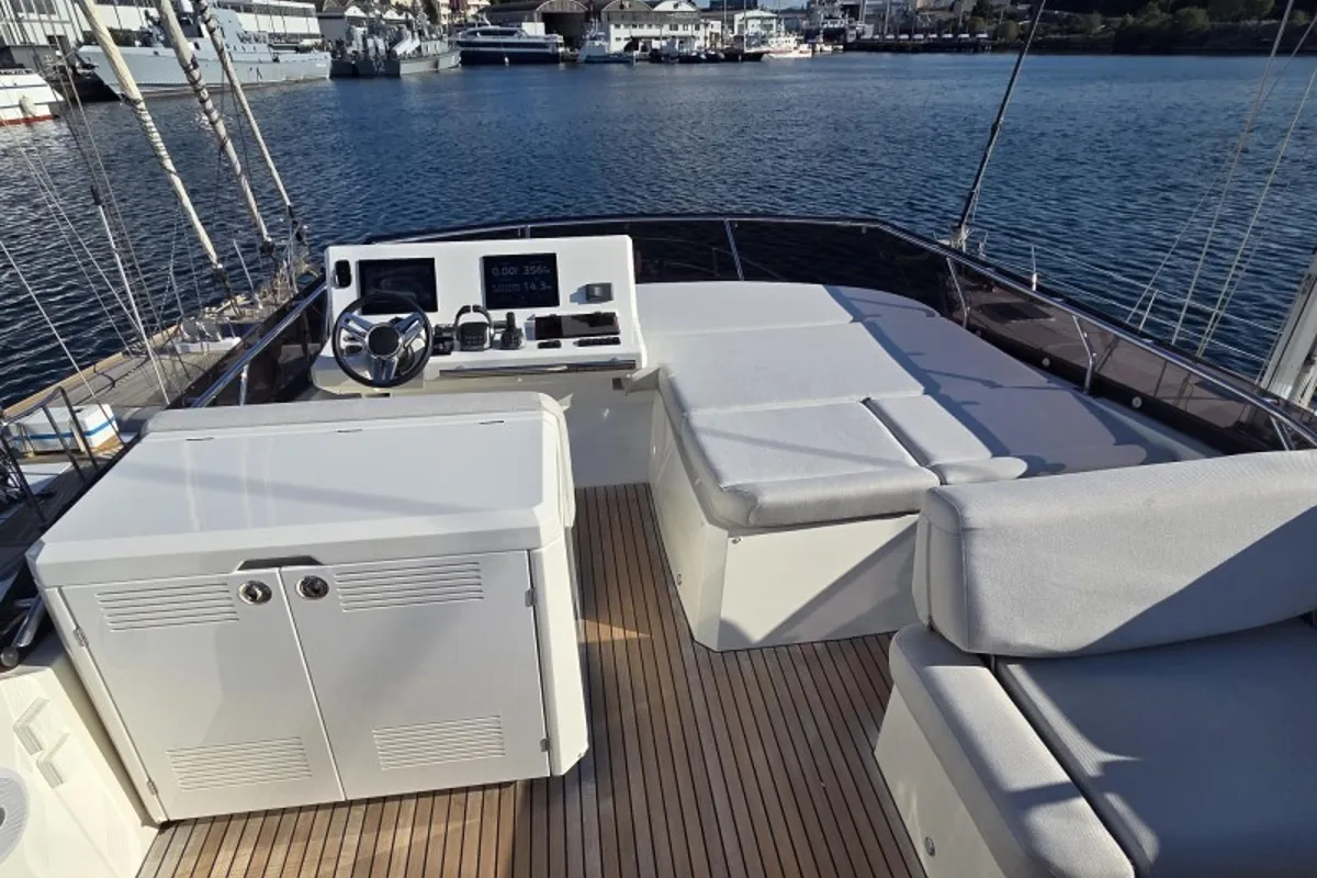Deck of Sabijac, a Jeanneau Prestige 520 Flybridge motor yacht at Grad Šibenik, Croatia