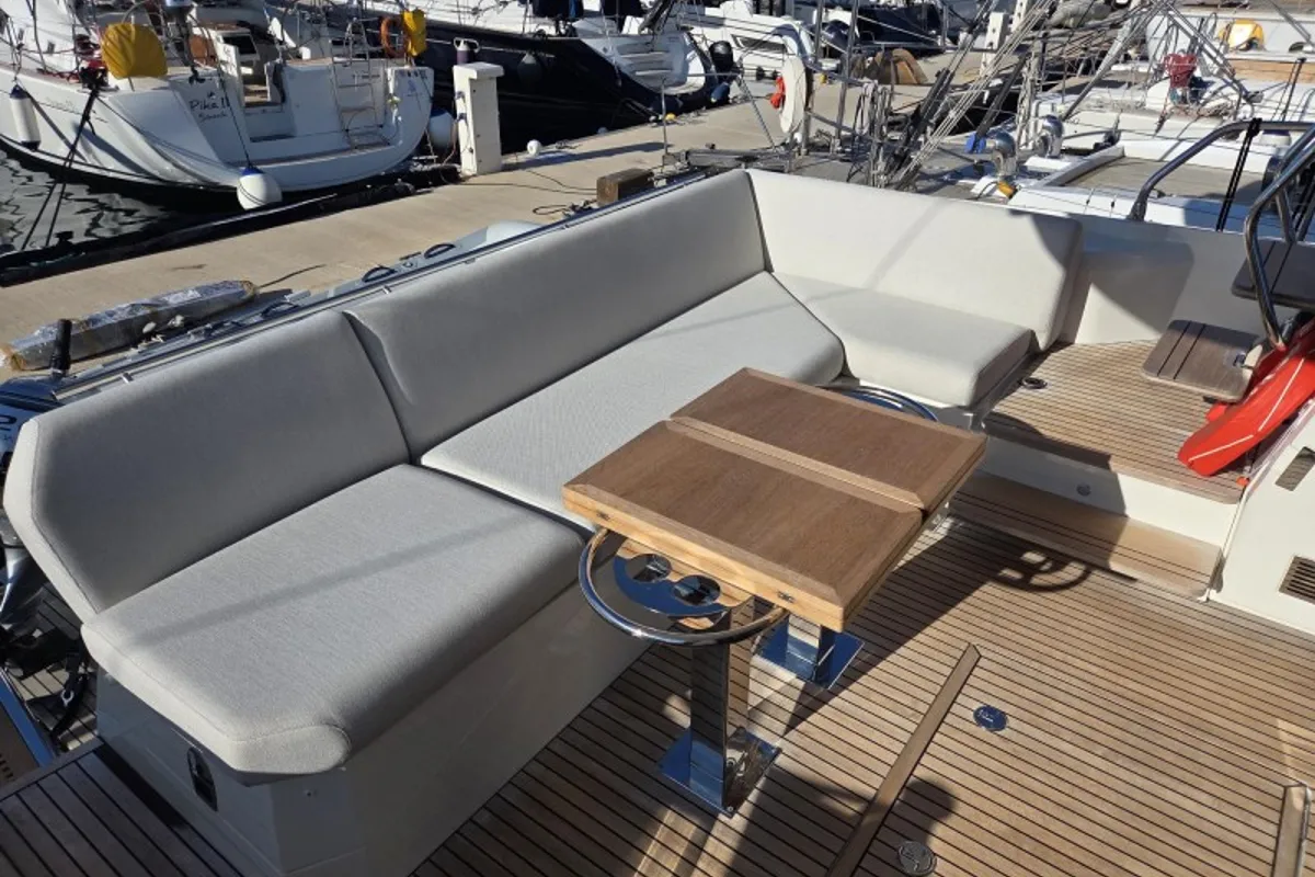 Deck of Sabijac, a Jeanneau Prestige 520 Flybridge motor yacht at Grad Šibenik, Croatia