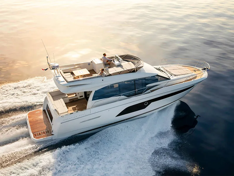 Exterior view of Sabijac, a Jeanneau Prestige 520 Flybridge motor yacht at Grad Šibenik, Croatia