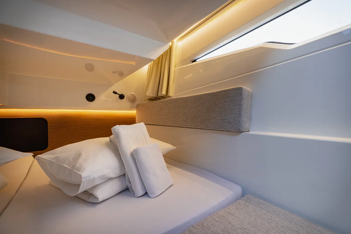 Cabin on Shearwater, a Jeanneau Merry Fisher 895 Offshore motorboat at Primošten, Croatia
