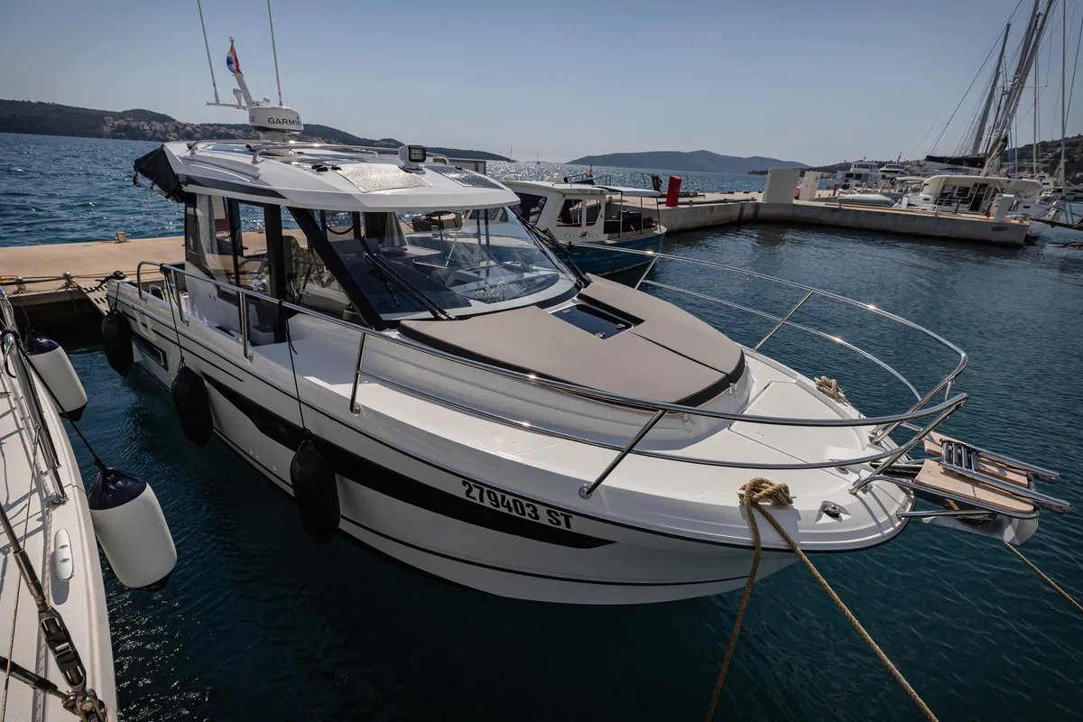 Exterior view of Shearwater, a Jeanneau Merry Fisher 895 Offshore motorboat at Primošten, Croatia