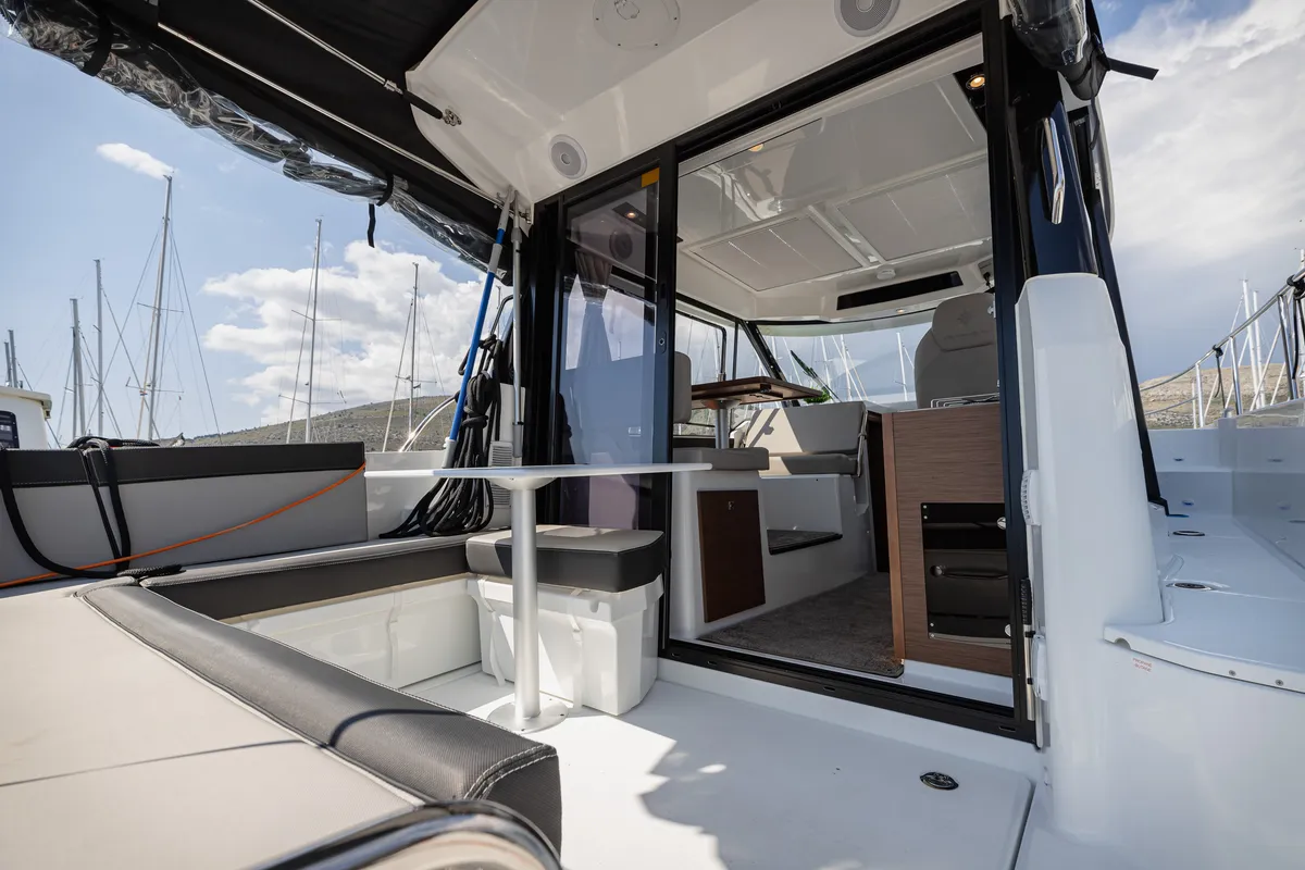 Deck of Shearwater, a Jeanneau Merry Fisher 895 Offshore motorboat at Primošten, Croatia