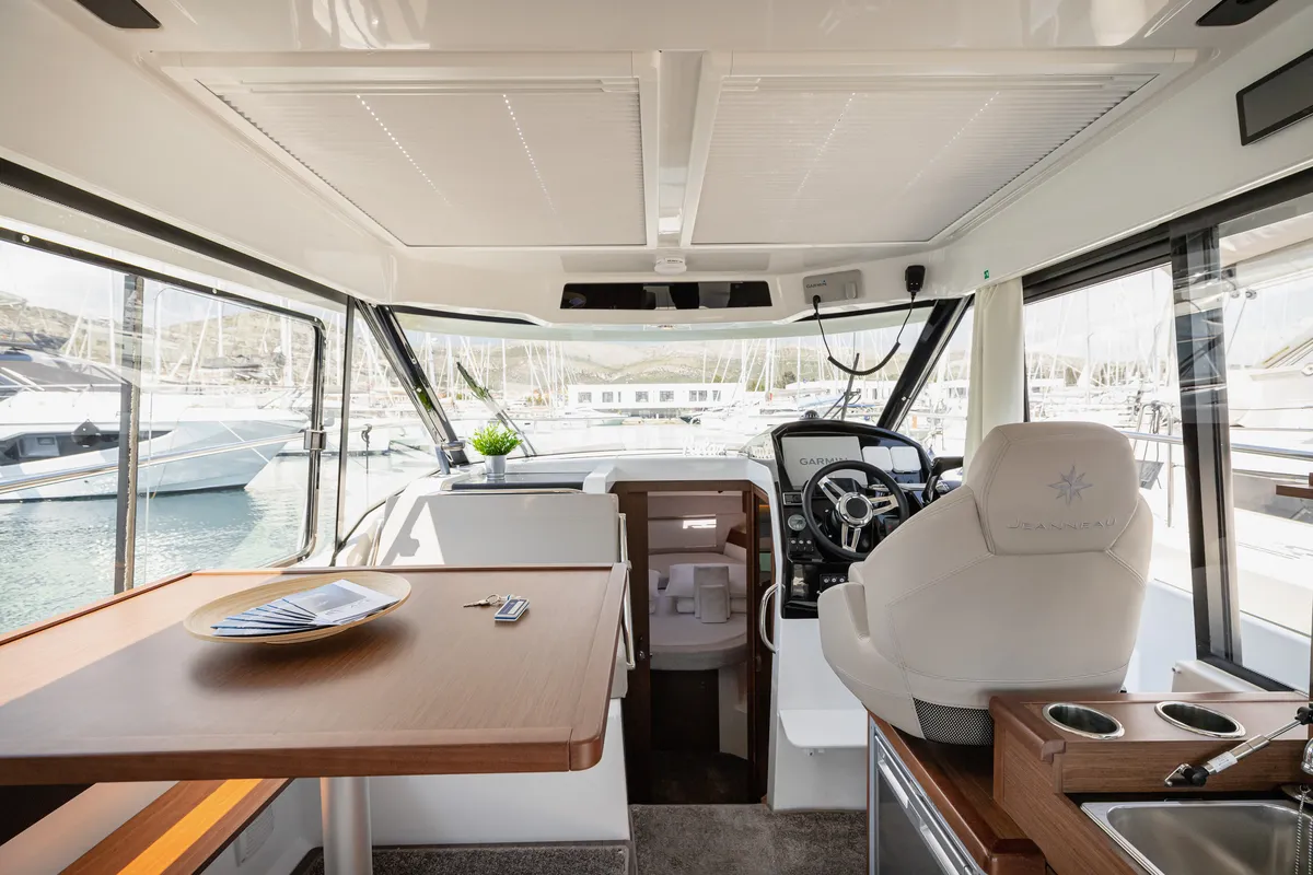 Salon of Shearwater, a Jeanneau Merry Fisher 895 Offshore motorboat at Primošten, Croatia