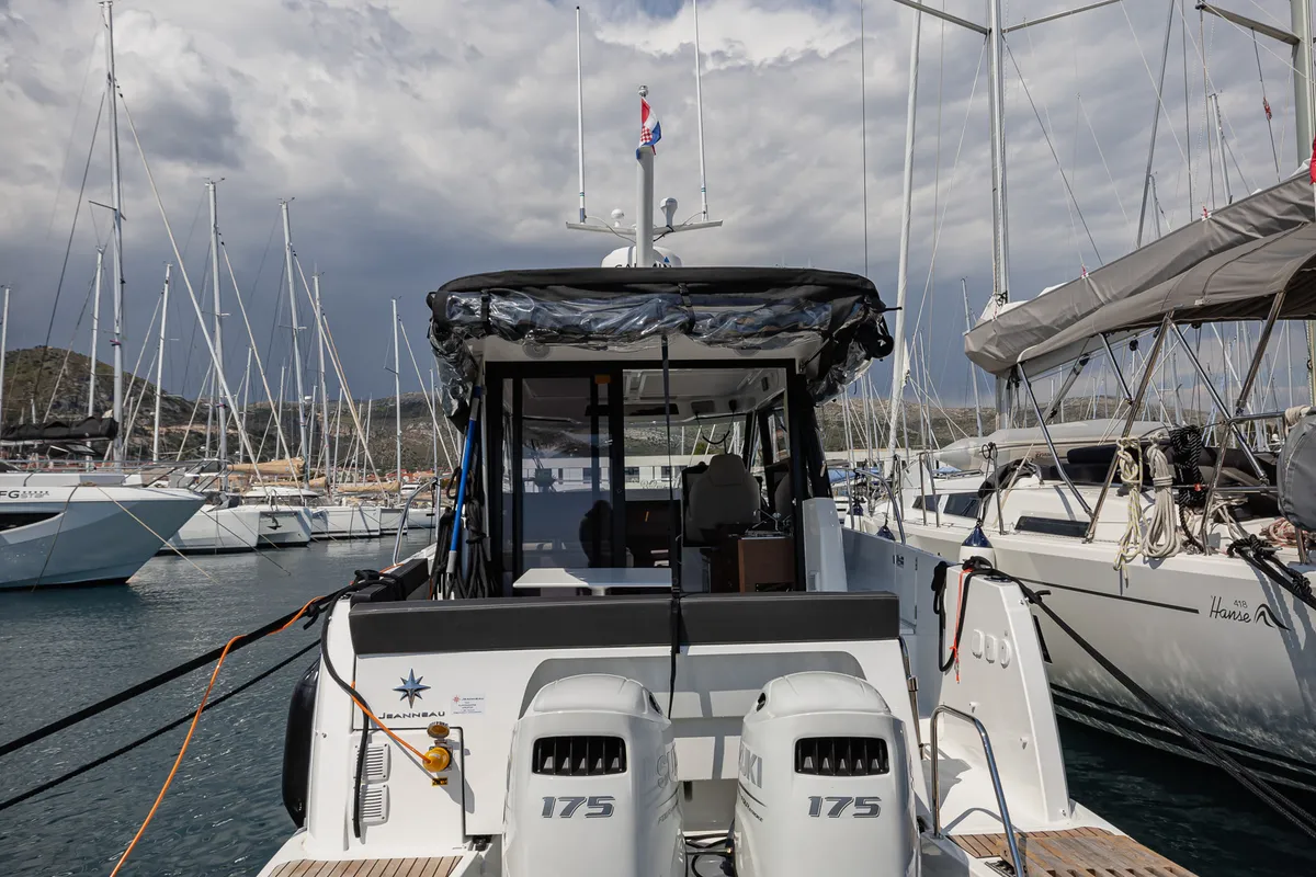 Exterior view of Shearwater, a Jeanneau Merry Fisher 895 Offshore motorboat at Primošten, Croatia