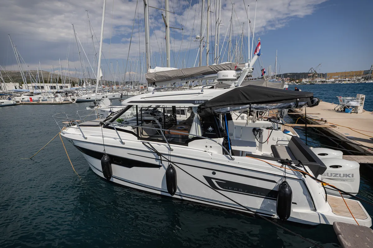 Exterior view of Shearwater, a Jeanneau Merry Fisher 895 Offshore motorboat at Primošten, Croatia