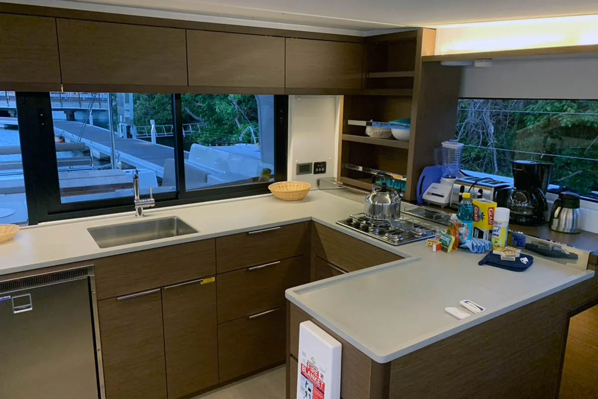 Galley of Hygge of Denmark, a Lagoon 46 catamaran at Roche Caiman, Seychelles
