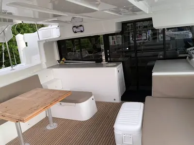 Deck of Hygge of Denmark, a Lagoon 46 catamaran at Roche Caiman, Seychelles