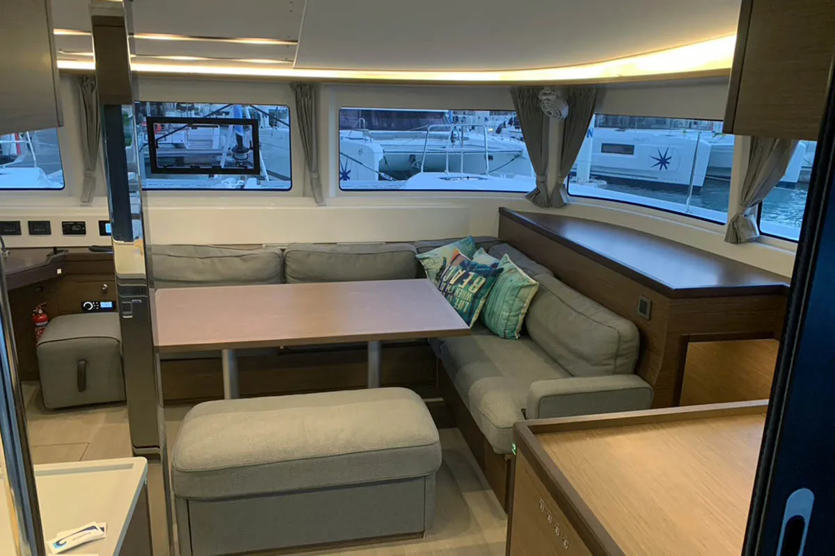 Salon of Hygge of Denmark, a Lagoon 46 catamaran at Roche Caiman, Seychelles