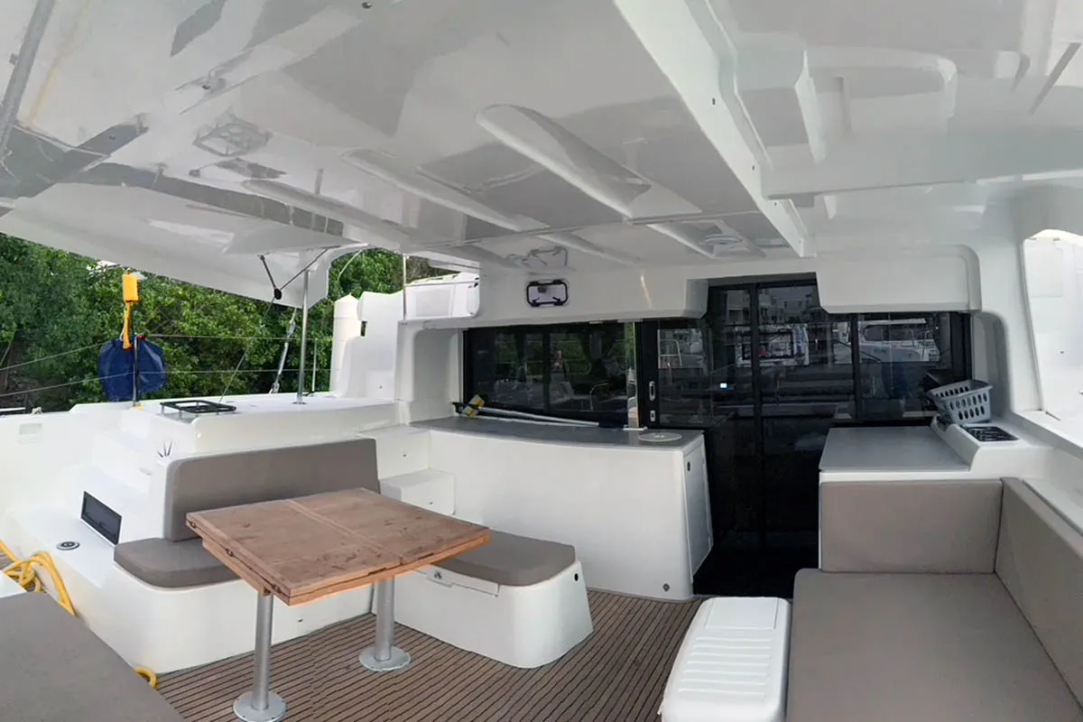 Deck of Hygge of Denmark, a Lagoon 46 catamaran at Roche Caiman, Seychelles