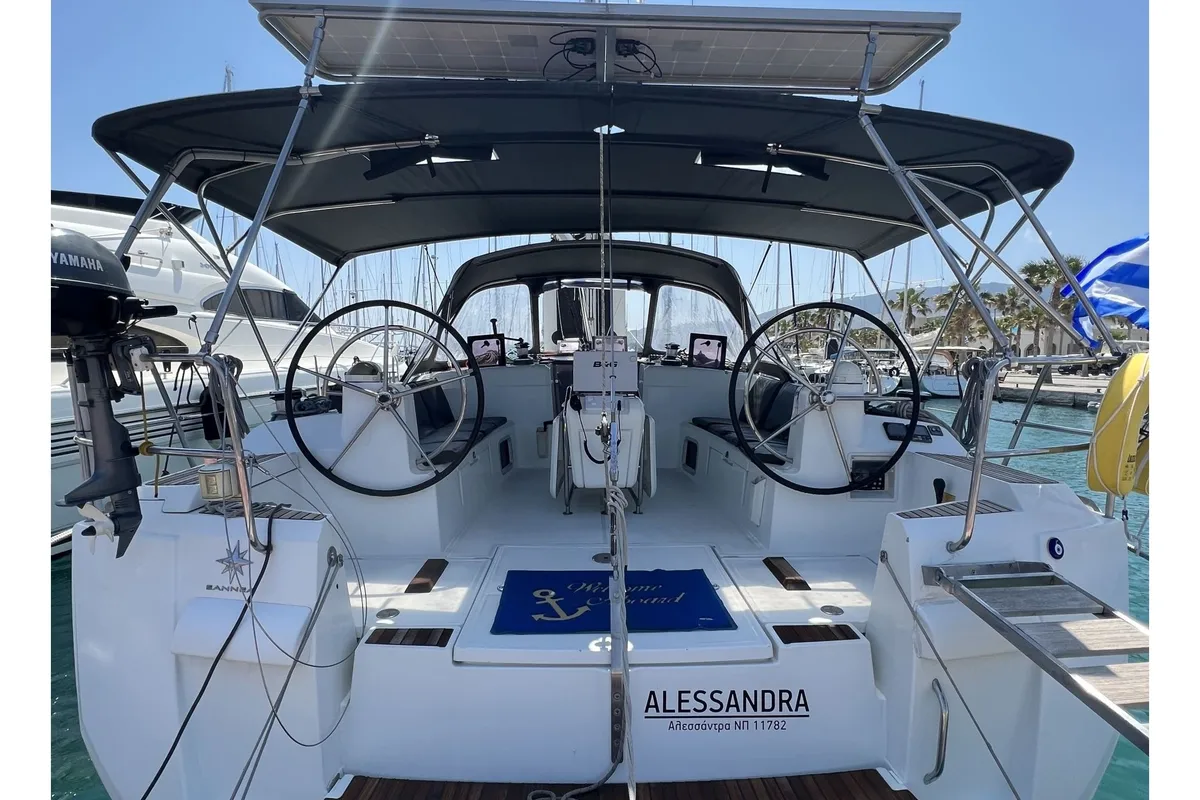 Cockpit of Alessandra, a Jeanneau Sun Odyssey 509 sailboat at Kos, Greece