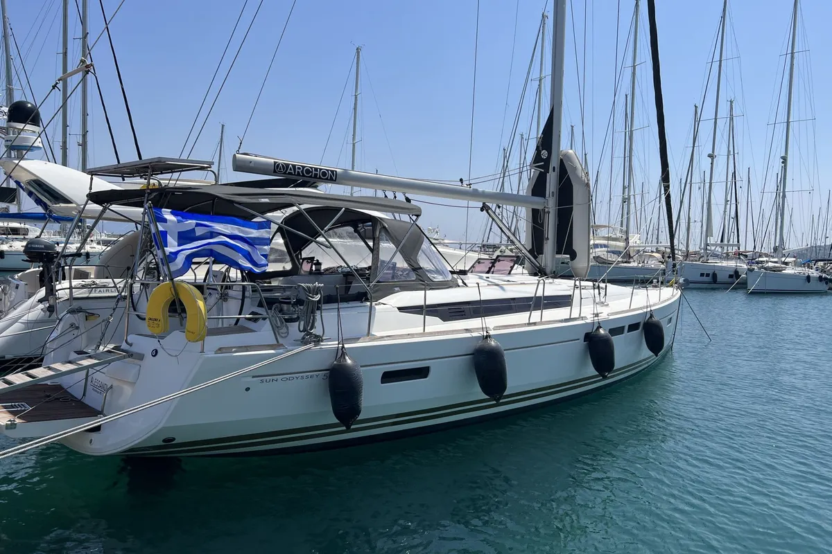 Exterior view of Alessandra, a Jeanneau Sun Odyssey 509 sailboat at Kos, Greece