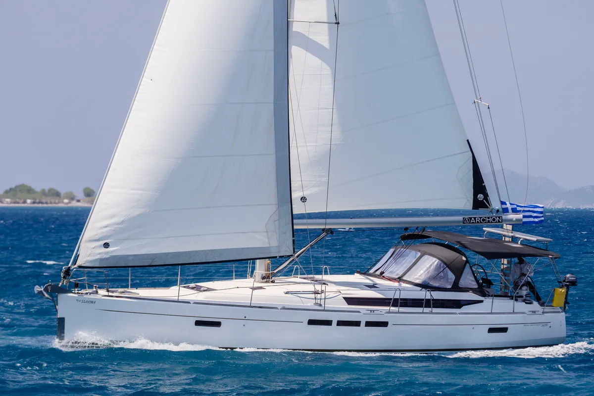 Exterior view of Alessandra, a Jeanneau Sun Odyssey 509 sailboat at Kos, Greece