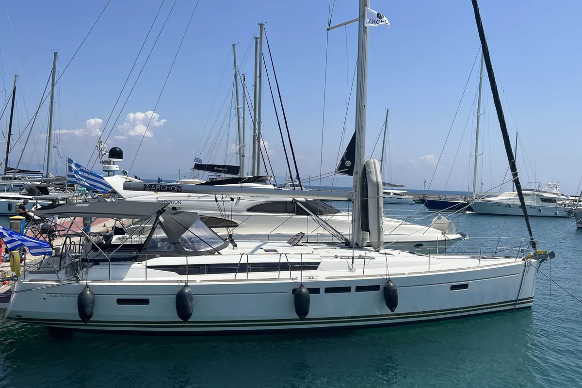 Exterior view of Alessandra, a Jeanneau Sun Odyssey 509 sailboat at Kos, Greece