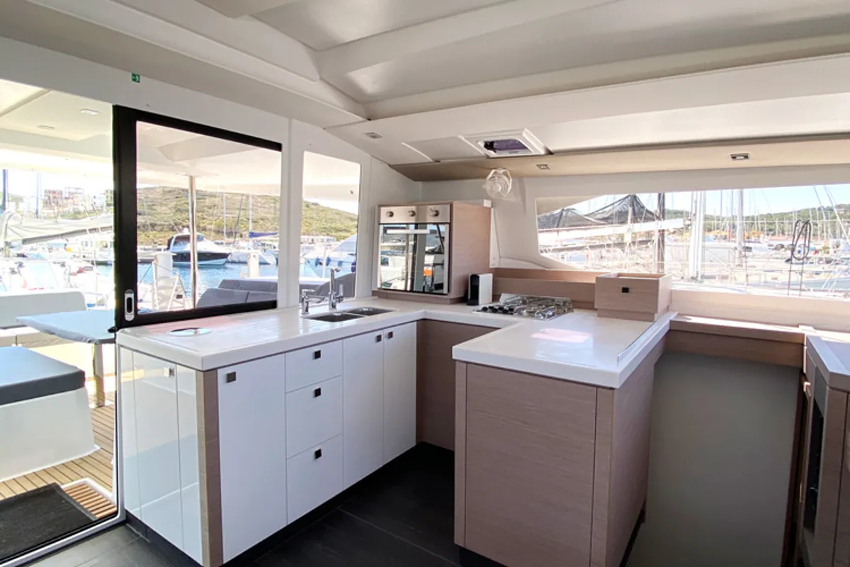 Galley of ION, a Fountaine Pajot Astréa 42 catamaran at Municipal Unit of Kranidi, Greece