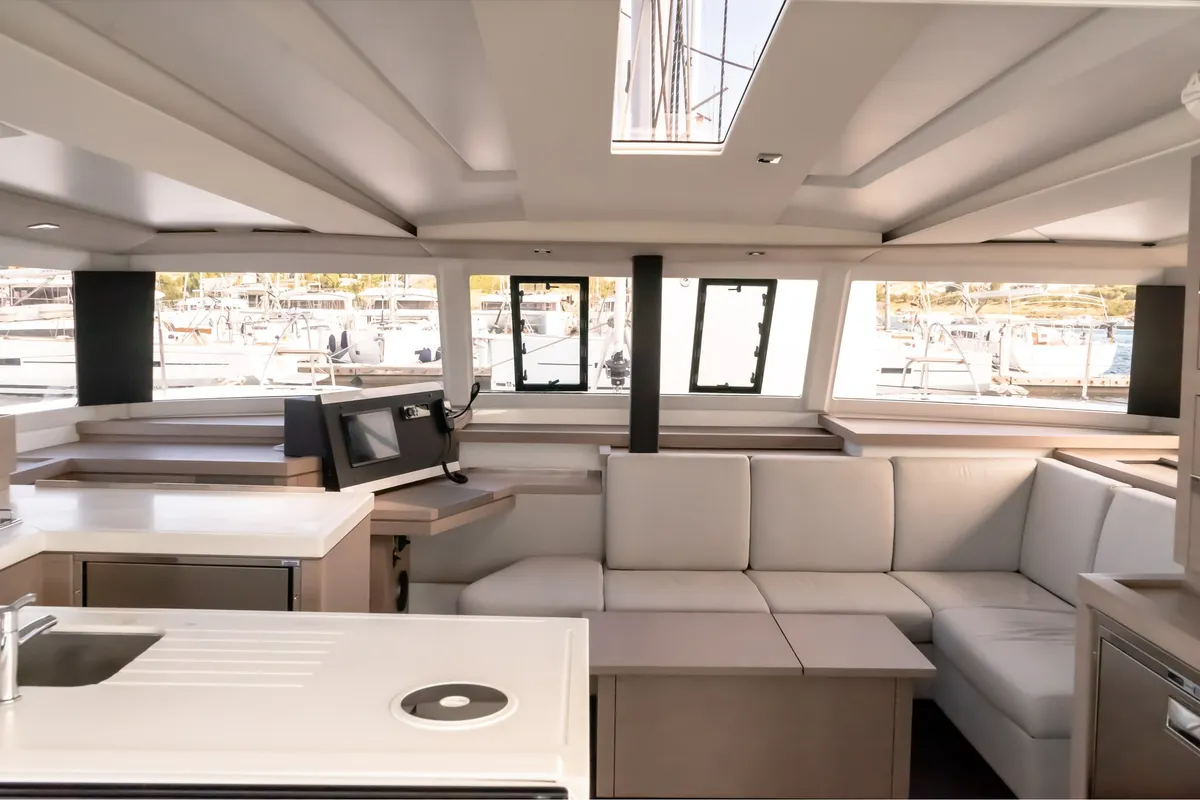 Salon of ION, a Fountaine Pajot Astréa 42 catamaran at Municipal Unit of Kranidi, Greece