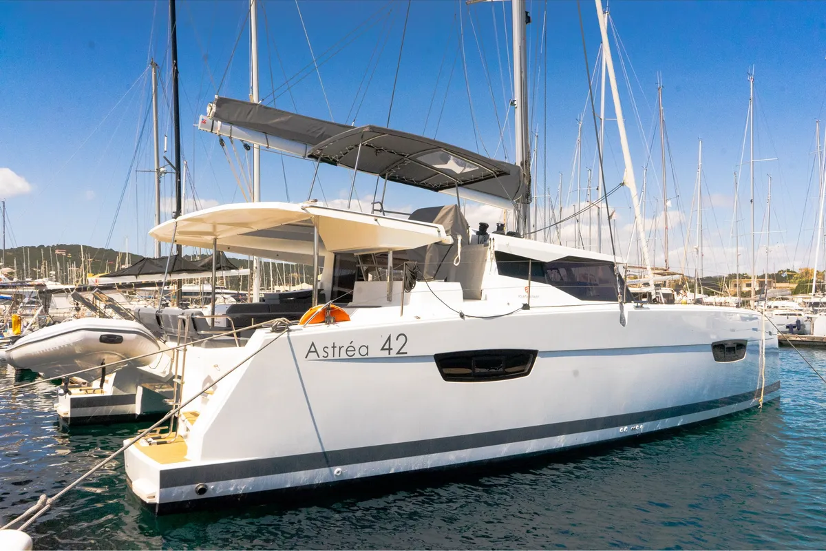 Exterior view of ION, a Fountaine Pajot Astréa 42 catamaran at Municipal Unit of Kranidi, Greece
